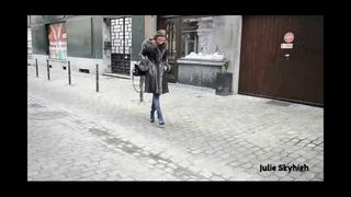 porn nude under fur and eather coat overknee boots julie skyhigh softcore tease toy outdoor no sex shoes high heels porn